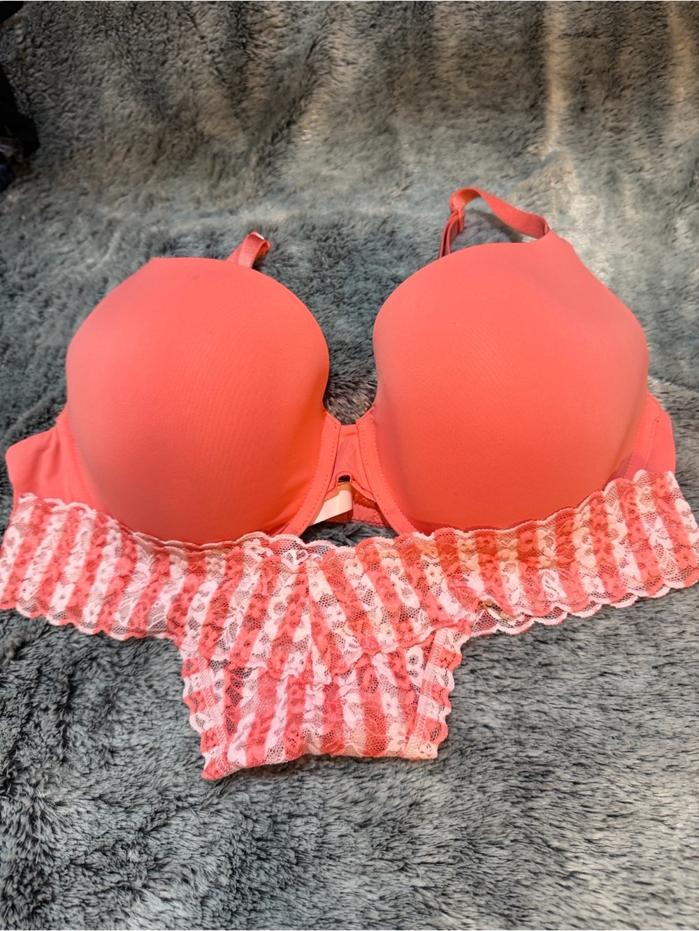PINK Victoria's Secret Coral Lace-Trim Molded Bra & Bikini Set